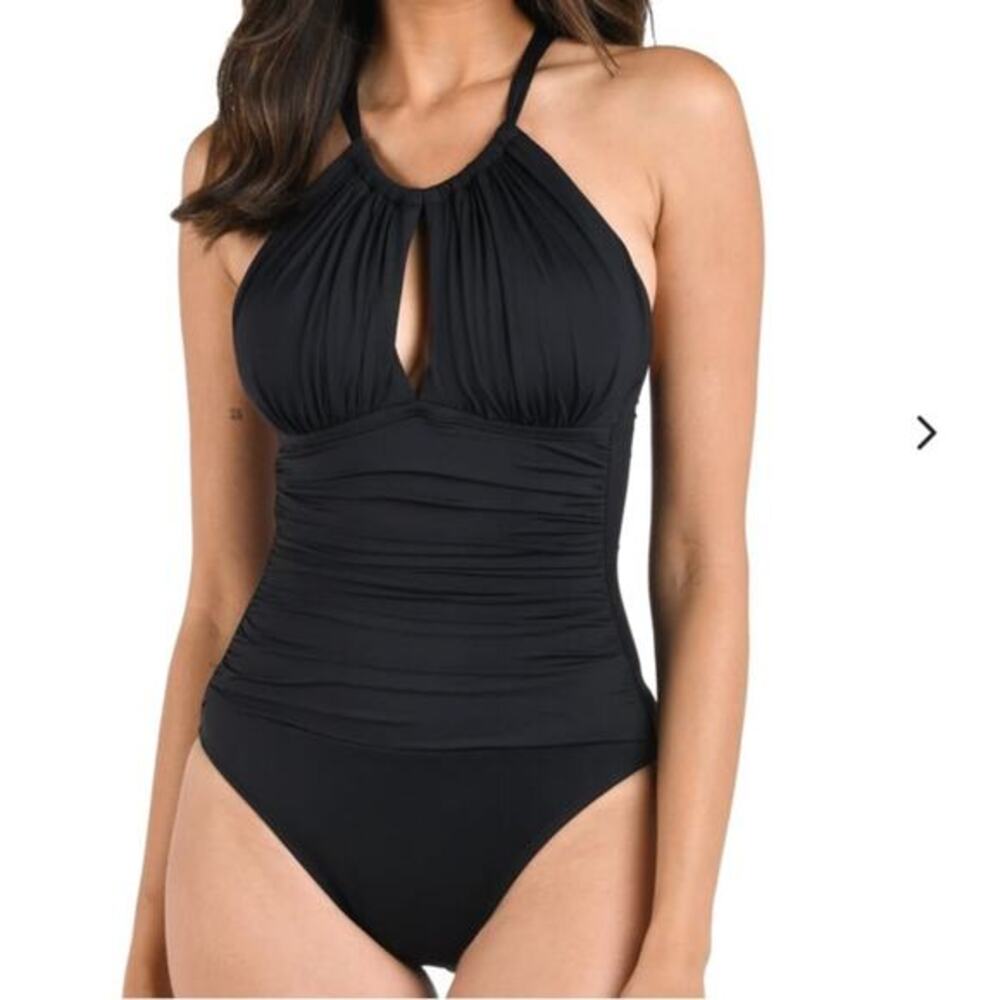 LA BLANCA NWT $120 Island Goddess High Neck Keyhole One Piece swimsuit 12 38C